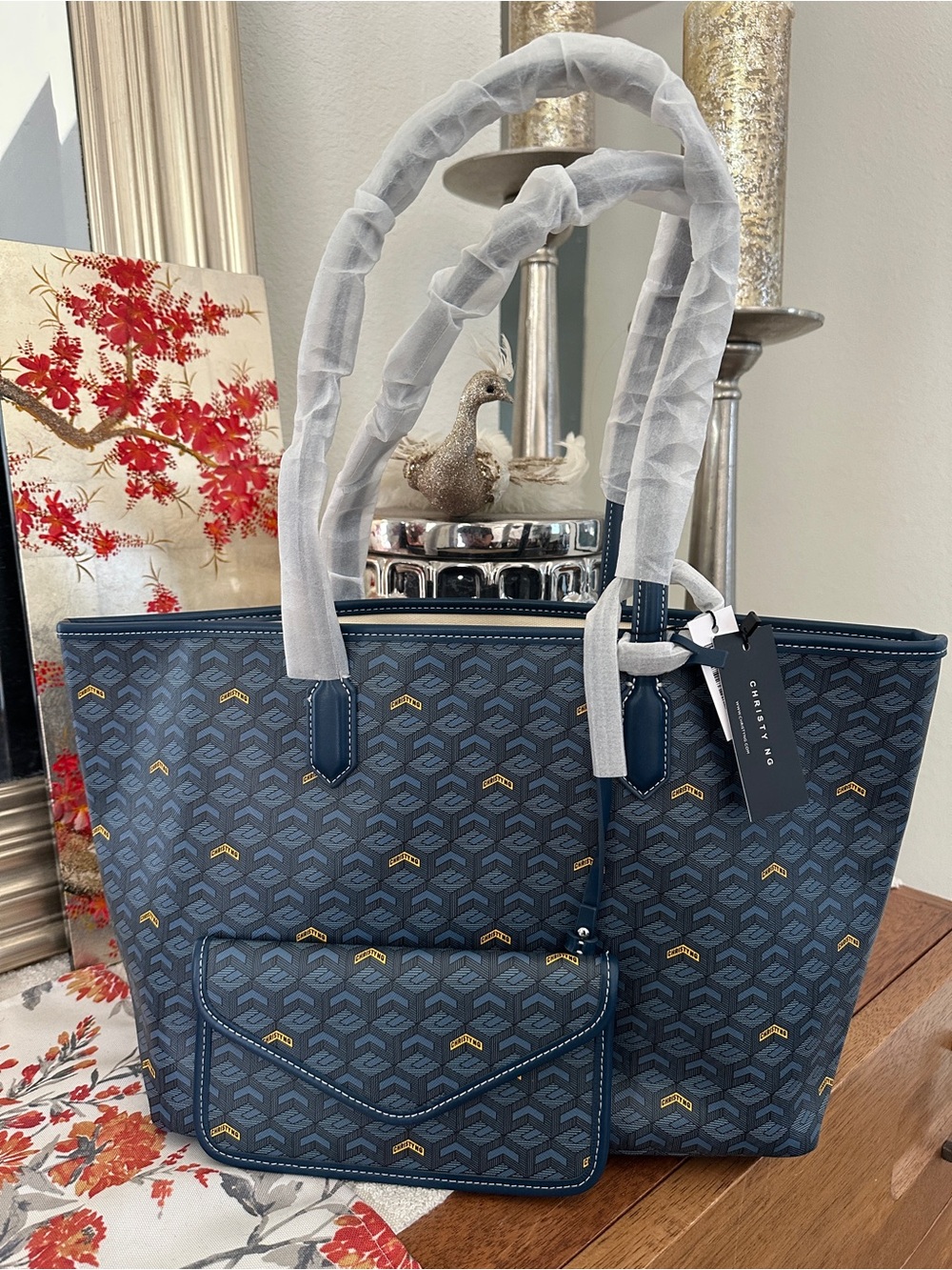 Christian Siriano Navy Patterned Tote with Gold Accents and Removable Pouch
